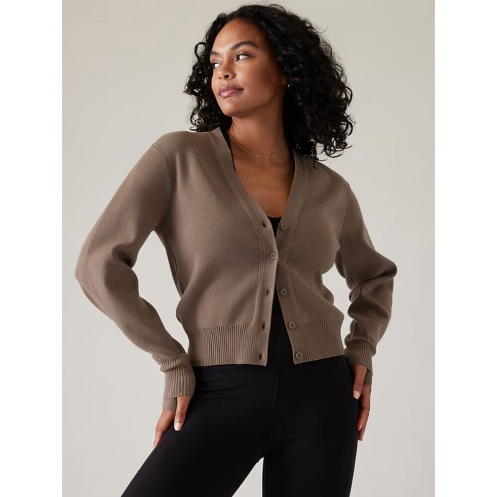 Athleta Shift Cardigan Brown Sweater Knit Button Front Small